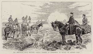 La batterie de mules de montagne, récemment formée à Aldershot, en action sur le camp de César - Alfred Chantrey Corbould