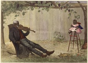 Vieil homme noir jouant du violon à un bébé (gravure en couleur)