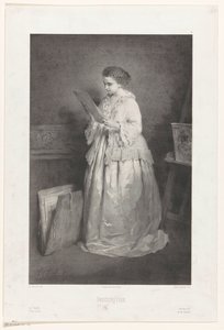 Jeune femme regardant une gravure ou un dessin - Alfred François Lemoine