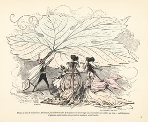 Homme jetant une énorme feuille de figuier devant trois femmes - Alfred Grevin