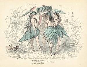Femmes vêtues uniquement de robes en feuilles de figuier et de chapeaux, tenant des feuilles