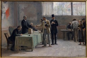 Suffrage universel : Un bureau de vote en 1889 (croquis)
