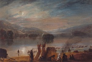 Traversée de la rivière au clair de lune, installation du camp, vers 1858-60