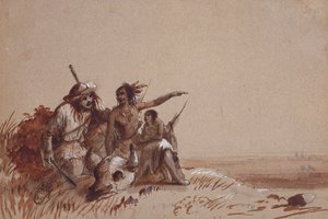 Indien du Kansas racontant à un trappeur, par signes, la migration des bisons, vers 1837 - Alfred Jacob Miller