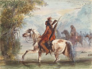 Camp Shoshone traversant une rivière, vers 1837