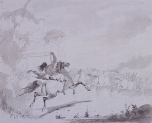Lancer le lasso, c.1837 (plume et encre avec lavis gris sur carton gris)
