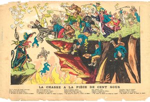 Feuille volante, satirique en couleurs, vers 1878 : Chasse à cent sous - Argent - Diable, Cures Illustration par Alfred Le Petit (1841-1909)