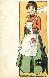 Propriétaire et son chat de compagnie (chromolithographie)