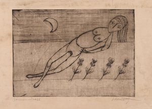 Croissant de lune, fleurs et nu féminin (eau-forte et aquatinte sur papier) - Alfred Lomnitz