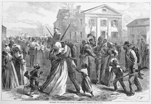 Volontaires de couleur démobilisés à Little Rock, Arkansas, de Harpers Weekly, pub. 1866
