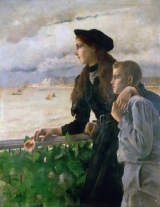 Frère et sœur devant la mer à Honfleur