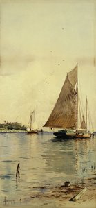 Sécher les voiles, bateaux à huîtres, Patchogue, Long Island - Alfred Thompson Bricher