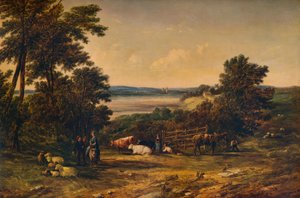 Un port entouré de collines boisées et de prairies avec du bétail, 1859, 1938