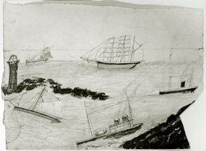 Trois voiliers, deux navires à vapeur et le phare de Godrevy, c.1935-38 - Alfred Wallis