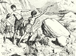 Hannibal et ses frères apprenant à lancer des pierres avec une fronde - Alfred Wallis Mills