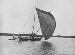 Pirogue à balancier en pleine voile sur le lac Negombo, c1890, 1910