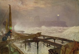 Lumières bleues, Teignmouth Pier - Allumage des lampes au coucher du soleil, 1868 - Alfred William Hunt