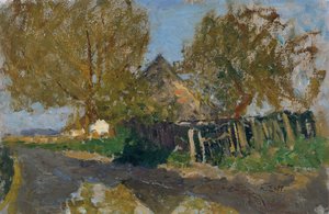 Rue de village avec ferme sous les arbres