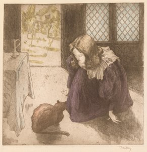 Intérieur, Petite Fille avec Chat