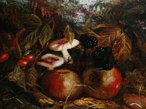 Nature morte avec champignons, pommes et mûres
