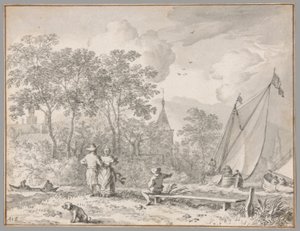 Paysage avec figures élégantes au bord d