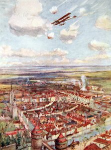 Le lieutenant Rhodes-Moorhouse survolant Courtrai pour bombarder le chemin de fer