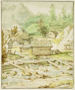 Paysage nordique avec cabane en bois et barrage