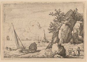 Paysage marin avec trois figures à droite