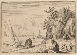 Paysage marin avec trois figures à droite