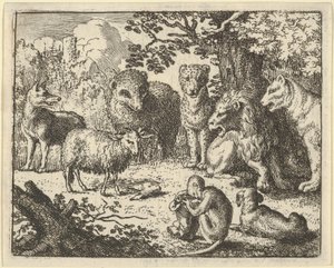 Le singe ouvre le paquet et enlève la tête du lapin à la grande surprise de..., 1650-75 - Allart van Everdingen