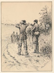 Officiers et général regardant une bataille navale (Bataille du Monitor et du Merrimac) - Allen Carter Redwood