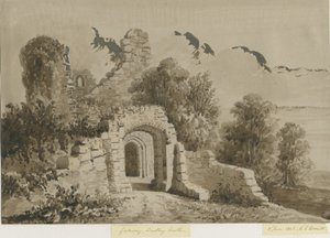 Château de Dudley - La Porte : dessin au lavis rouge-sépia