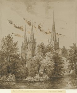 Cathédrale de Lichfield - Vue Sud-Ouest: dessin sépia, Jul 1842
