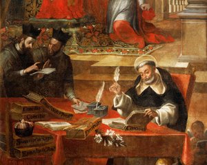 Deux jésuites parlant pendant que Saint Raymond écrit le Conseil (détail)