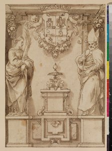 Conception pour une page de titre avec deux saints sur des piédestaux et un blason espagnol imaginaire, 17ème siècle