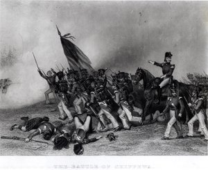 La Bataille de Chippewa, le général Scott ordonnant la charge du bataillon de McNeil, 5 juillet 1814, gravée par Johnson, Fry und Co. (gravure) (photo nb)