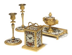 Ensemble de bureau de quatre pièces de Napoléon III, marqueterie par Duvinage et Harinckouk, vers 1877