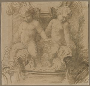 Fontaine avec putti chevauchant des dauphins
