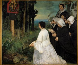 Les femmes en costumes traditionnels bretons se rassemblant devant un ex-voto - Alphonse Legros