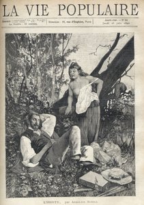 Une jeune femme, décoiffée, dénudée, poitrine apparente, se penche avec confiance et amusement vers un peintre allongé, dormant en pleine nature, veste, chapeau, matériel et pipe éparpillés sur le sol. Illustration par Alfons Maria Mucha (Alphonse Marie Mu - Alphonse Mucha