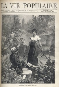 Un vieil homme lit une lettre à une belle jeune paysanne tenant une faux. Des chasseurs observent la scène au loin. Illustration par Alfons Maria Mucha