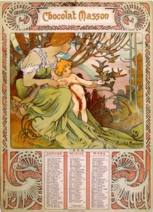Calendrier Chocolate Masson illustré par Mucha (1860 – 1939), un peintre tchèque de l