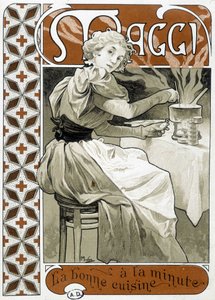 Jeune femme cuisinant sur une cuisinière à gaz - publicité Maggi « bonne cuisine en un instant », par Mucha, vers 1890