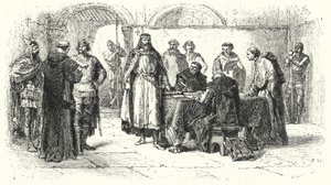 Proclamation du catholicisme comme religion du royaume gothique en Espagne au troisième concile de Tolède, 589 (gravure)