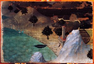 Château au bord du lac, par Ambrogio Lorenzetti (1319-1347), peinture sur bois, 22x33 cm