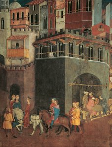Effets du bon gouvernement en ville, Procession de la noblesse dans les rues de la ville (détail) - Ambrogio Lorenzetti