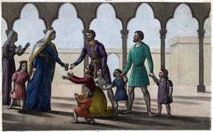 Batilde (ou Bathilde, épouse de Clovis II) abolit un tribut coûteux que les Gaulois payaient par tête, petits et grands. - Abbaye de Chelles. Dessiné et gravé par Ambroise Tardieu en 1825