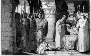 Childéric III (714-751) est détrôné et confiné dans un monastère - Childéric III détrôné et enfermé par Pépin le Bref dans un monastère à Saint-Omer entre 742-749 - Gravure de 1825 dans « Histoire de France représentée par des tableaux synoptiques dédiée a