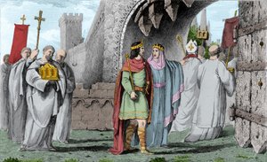 Chilpéric Ier (539-584) en procession religieuse - Gravure de 1825 dans « Histoire de France représentée par des tableaux synoptiques dédiée aux enfants de France » - Ambroise Tardieu