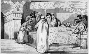 Mort de Pépin de Herstal (635-714) entouré de sa famille - Gravure de 1825 dans « Histoire de France représentée par des tableaux synoptiques »